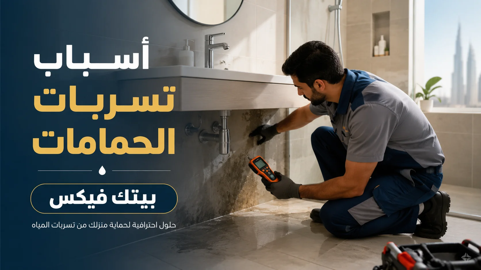 فني يفحص أسباب تسربات الحمامات داخل منزل باستخدام جهاز كشف الرطوبة